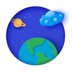 Flying saucer flying in space in paper cut style. Galaxy landscape 3d background with white round frame and starry night sky, Cardboard cutout Earth and Saturn planet and UFO. Vector kids illustration