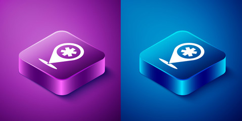 Isometric Medical map pointer with cross hospital icon isolated on blue and purple background. Square button. Vector Illustration