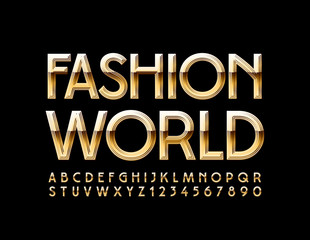 Obraz premium Vector elegant sign Fashion World with Glamour Font. Golden Alphabet Letters and Numbers