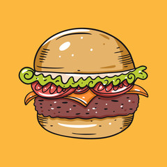 Cheeseburger or burger with tomato, shredded lettuce and cheese. Vector illustration in cartoon style. Isolated on yellow background.