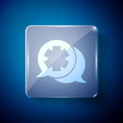 White Dialogue with the doctor icon isolated on blue background. Doctor and patient dialog. Consulting about medical health services. Square glass panels. Vector Illustration