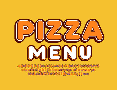 Vector trendy template Pizza Menu with Modern Font. Orange Alphabet Letters, Numbers and Symbols