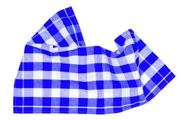 Closeup of a blue and white checkered napkin or tablecloth texture isolated on white background. Kitchen accessories.