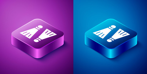 Isometric Rubber flippers for swimming icon isolated on blue and purple background. Diving equipment. Extreme sport. Sport equipment. Square button. Vector Illustration © Kostiantyn