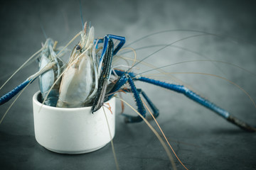 Raw giant freshwater prawn in Thailand in white bowl