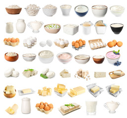 Set of different dairy products on white background