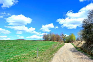 Fototapeta na wymiar Rural road and spring landscapes of Low Beskids mountains, Poland