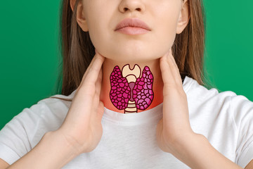 Woman with thyroid gland problem on color background