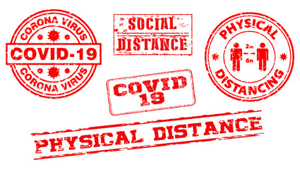 set of red grunge rubber stamp or corona virus rubber stamp themes or postponed, lock down, social distance, physical distance concept. eps 10 vector, easy to modify