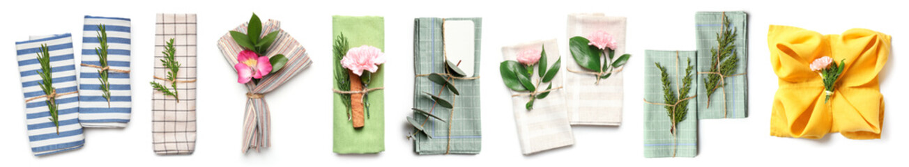 Many beautiful napkins with floral decor on white background