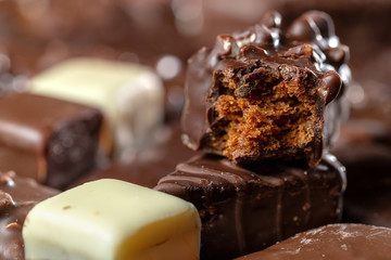 Appetizing food background. Assortment of chocolate handmade close up. Chocolate background. 