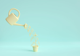 Conceptual image about looking after the fragile flower growing in the pot. Green solid background. 3D illustration