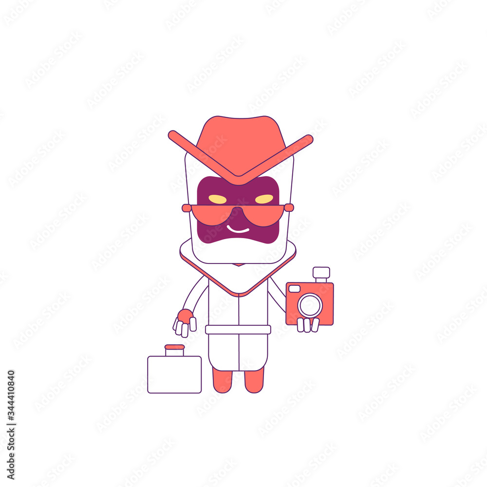 Poster detective robot with camera red linear object. personal information spying bot thin line symbol. fun