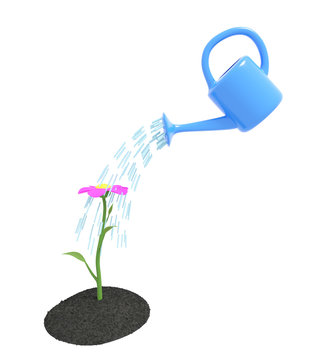 Watering a flower which grows on the dirty soil. Isolated on white background. 3D illustration