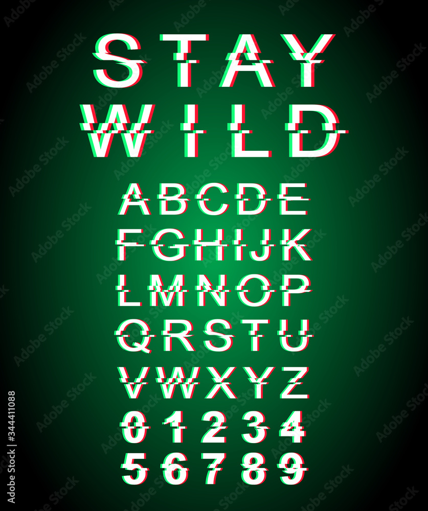 Fototapete stay wild glitch font template. retro futuristic style vector alphabet set on green background. capi