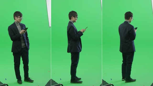 3-in-1 Green Screen Collage: Handsome Asian Businessman Wearing Suit, Using Smartphone, Scrolling through Internet and Social Media. Multiple Angle Best Value Package: Front, Side, Back Views