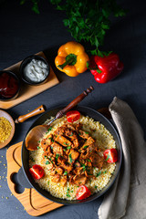 rustic bulgur pans with gratinated gyros and yoghurt