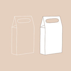 Paper package for takeaway isolated on background. Packaging template mock up. Delivery service concept. Copy space. Linear, vector, realistic, outline illustration.