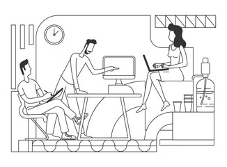 Teamwork thin line vector illustration. Businessmen and businesswoman coworking outline characters on white background. Office workers cooperation and brainstorming simple style drawing