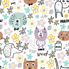 Modèle sans couture enfantin avec différents chiens drôles, chats et fleurs mignonnes. Texture enfantine créative pour tissu, emballage, textile, papier peint, vêtements. Illustration vectorielle.