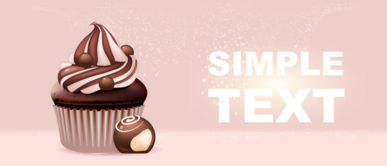 Sweet stuff realistic vector product ads banner template. Cupcake and candy 3d mock up design. Sugar and flour confections advertisement horizontal printable flyer, brochure with text space