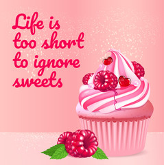 Pink creamy cupcake realistic vector product social media post template. Muffin with berries 3d ads mockup design with text. Life is too short to ignore sweets promotional square web banner layout