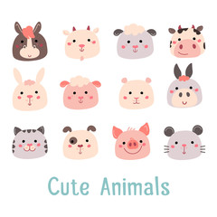 Cartoon farm animal pig, horse, sheep, cow, goat, rabbit, hamster, donkey, cat, dog, mouse. Emoticon set