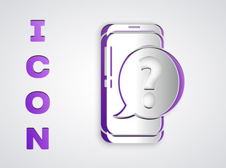 Paper cut Mobile phone with question icon isolated on grey background. Paper art style. Vector Illustration