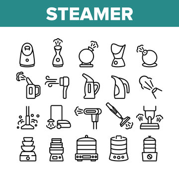 Steamer Domestic Tool Collection Icons Set Vector. Electric Food Cooking Multi Steamer, Vacuum Cleaner And Humidifier Equipment Concept Linear Pictograms. Monochrome Contour Illustrations
