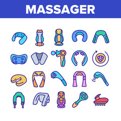 Fototapeta na wymiar Shoulder Massager Collection Icons Set Vector. Body And Foot Massager Equipment For Relaxation, Electric Wearable Pulse Neck Device Concept Linear Pictograms. Color Illustrations
