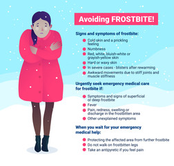 Avoiding frostbite banner in cartoon style. Signs and symptoms of frostbite. Freezing young girl in red coat standing on snow outdoors. Frostbite first aid help and healthcare vector illustration.