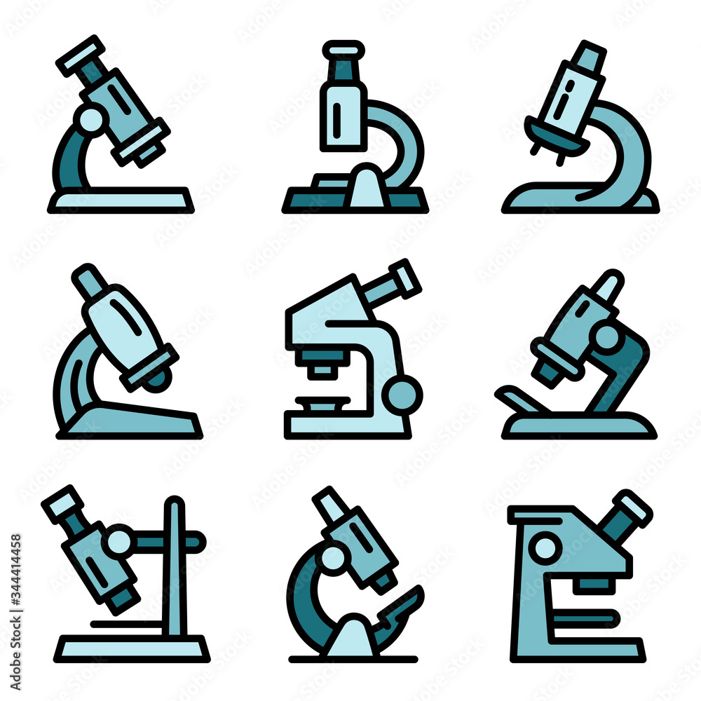 Poster microscope icons set. outline set of microscope vector icons for web design isolated on white backgr