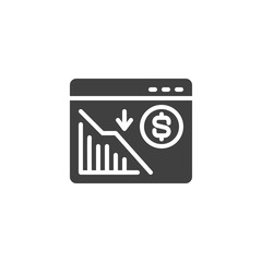 Dollar rate website vector icon. filled flat sign for mobile concept and web design. Webpage with dollar rate decrease glyph icon. Economic bankruptcy symbol, logo illustration. Vector graphics