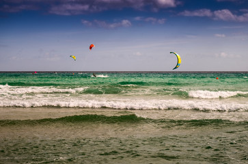 Kite surfing at Sotavento beach in Fuerteventura, Canary Islands, Spain