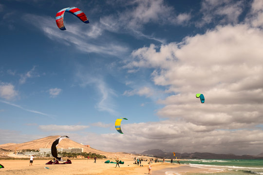 Kite Surfing At Sotavento Beach In Fuerteventura, Canary Islands, Spain