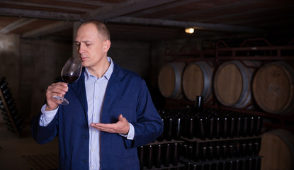 Sommelier tasting red wines in winery basement