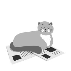The cat lies on the newspaper. Cute cartoon gray cat. Vector illustration isolated on a white background.