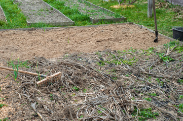 The process of digging up the garden before planting. Cleaning the beds after winter from weeds and...