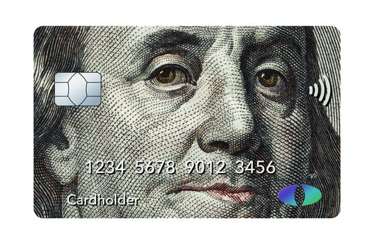 Benjamin Franklin is seen as an image on a credit card or debit card in this illustration about money and finance.