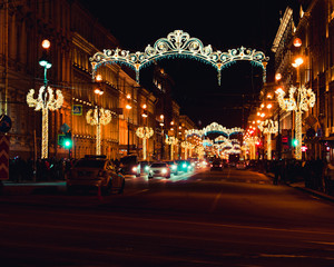 Petersburg is decorated for the new year. New Year. Light show. Russia.
