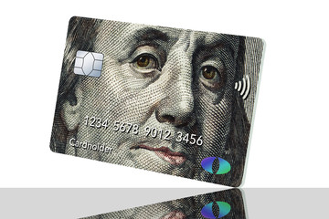 Benjamin Franklin is seen as an image on a credit card or debit card in this illustration about money and finance.
