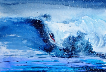 Hand drawn watercolor wave with a surfer 