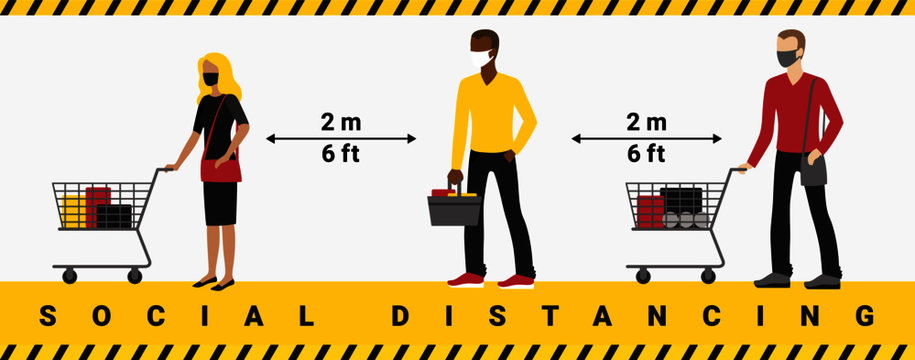 Social distancing and coronavirus covid-19 prevention. Keep at least two metres away from other people to protect yourself from catching coronavirus at supermarket.