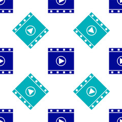 Blue Play Video icon isolated seamless pattern on white background. Film strip sign. Vector Illustration