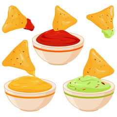 Bowls of avocado guacamole dip, tomato salsa, cheese sauce and nachos chips. Vector illustration - obrazy, fototapety, plakaty
