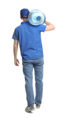 Delivery man with bottle of water on white background, back view