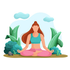 Woman sits in the lotus position and meditating in nature background. The concept of yoga, meditation and relax. Health benefits for the body, mind and emotions. Flat vector illustration.