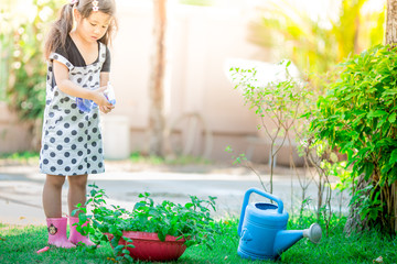 Close-up background view of a cute girl who is watering plants or growing vegetables for health,a crop cultivation program and business expansion
