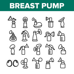 Breast Pump Device Collection Icons Set Vector. Automatical And Manual Breast Pump Equipment For Mother Breast Maternity Milk Concept Linear Pictograms. Monochrome Contour Illustrations