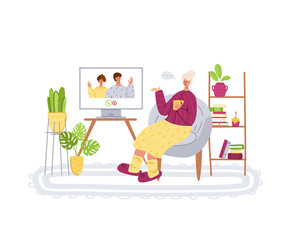 Elderly people and online communication - young relatives call grandparents, online chatting and video call concept, social distance isolation and connection with devices vector illustration